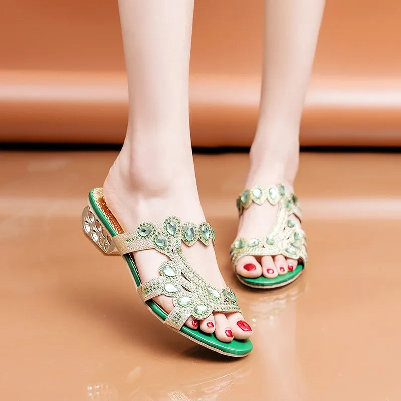 Slippers Ladies Chunky Heels Hollow Casual Slippers Fashion Beach Shoes Woman