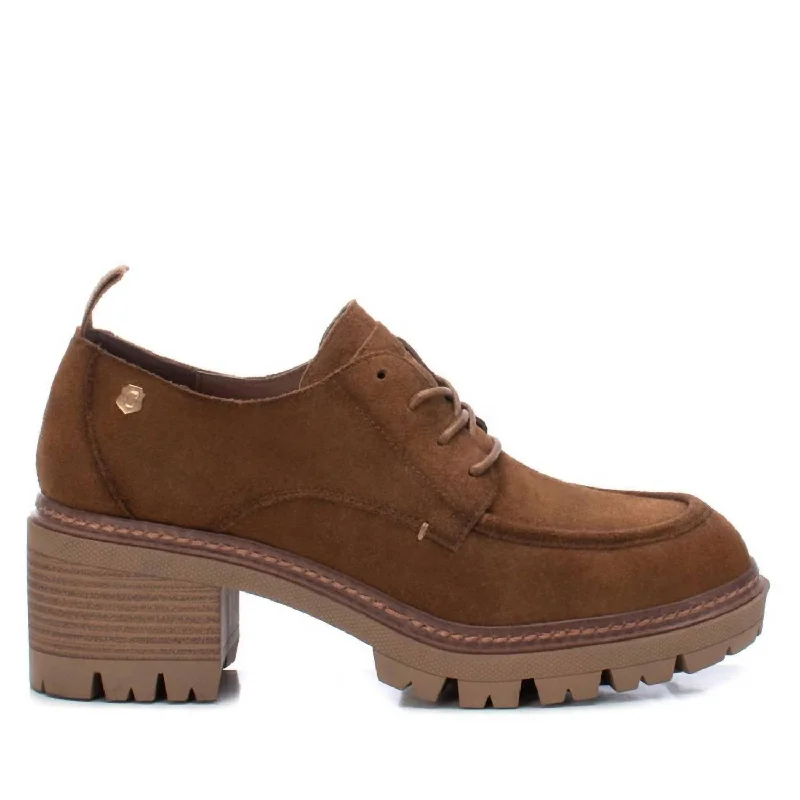 Women's Suede Heeled Oxfords In Camel