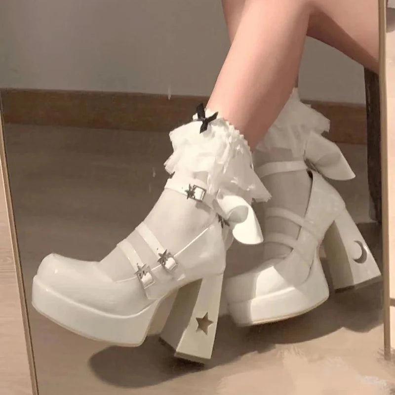 Advbridge heels Women Pumps Platform High Heels Ankle Strappy Casual Office Shoes Spring Summer Block Heels mary jane shoes heels white