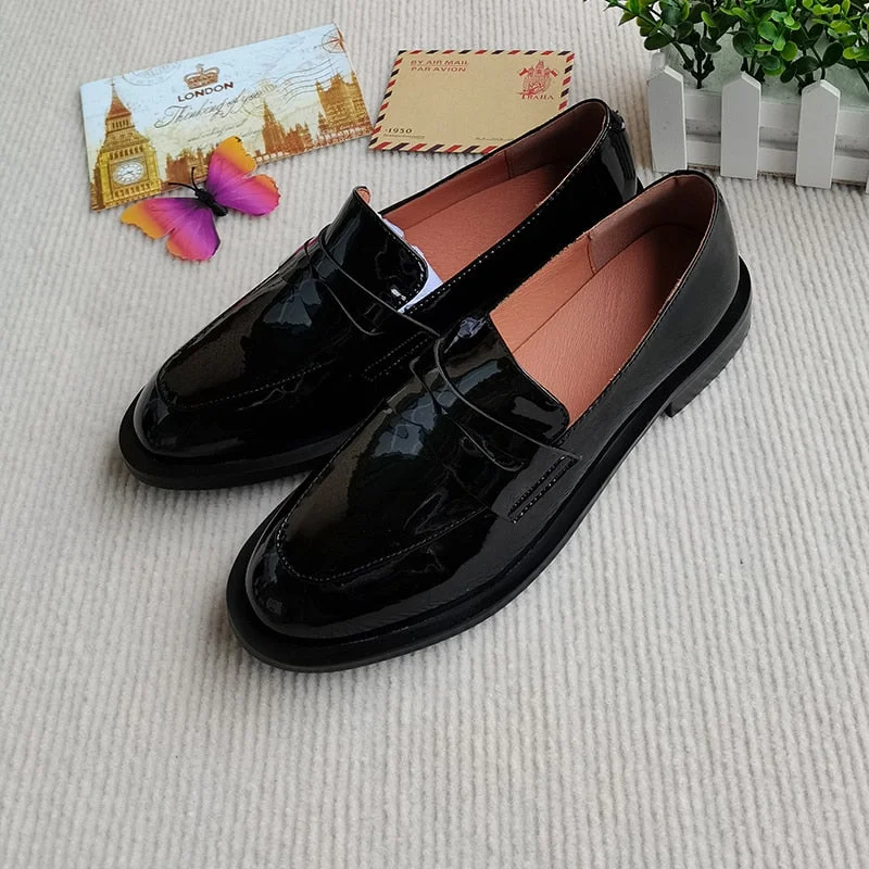 Advbridge HOT sale ladies Leather shoes British style plus size 22-26.5cm women pumps loafers lazy shoes Cow patent leather black shoes