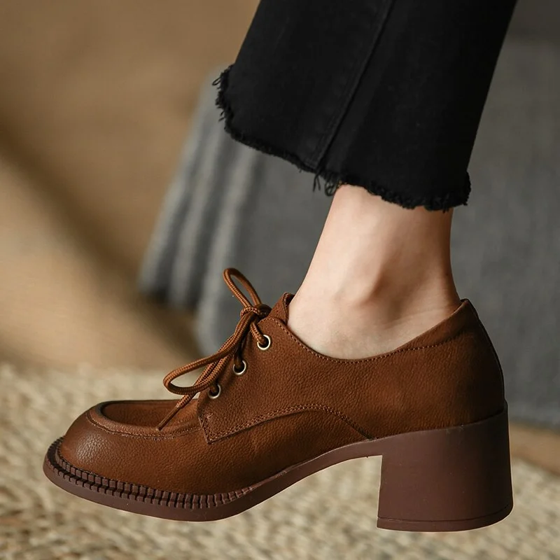 Advbridge Ladies Loafers 5.5 CM Spring Autum Lac-Up Simple Shoes On Thick Square HeelWomen Retro Pump Cowhide Big Toe Pumps British Style
