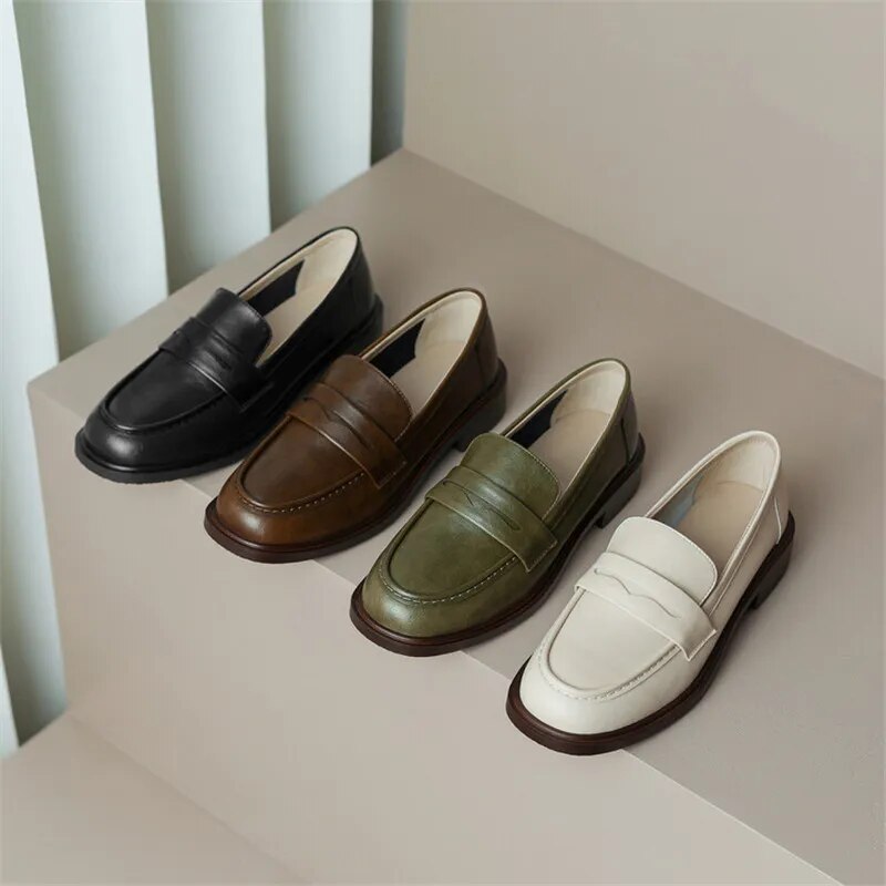 Advbridge Spring Cow Leather Women Shoes Casual Round Toe Loafers Thick Heel Slip-On Shoes for Women Retro Women Pumps Zapatos De Mujer