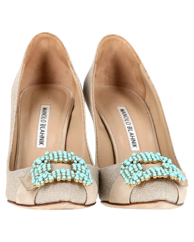Embellished Beige Canvas Pumps with Timeless Design & Exceptional Craftsmanship