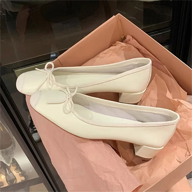 Sohiwoo Fashion Design Silk Ballerinas Women Pumps Slip on Loafers Round Toe Square Heels Bowknot Casual Spring Autumn Shoes