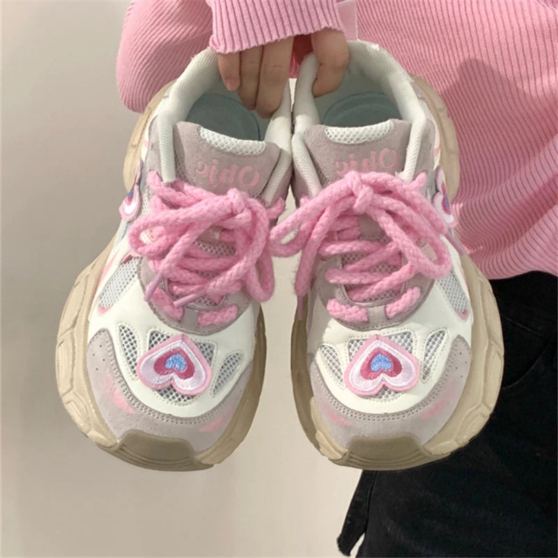 Sohiwoo Heart Shaped Pink Mixed Color Round Toe Women Sneakers Thick Sole Chunky Heels Lace Up Runaway Skateboard Trainer Fashion Shoes Sohiwoo Heart Shaped Pink Mixed Color Round Toe Women Sneakers Thick Sole Chunky Heels Lace Up Runaway Skateboard Trainer Fashion Shoes