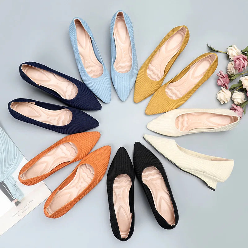 Sohiwoo New Women High Heels Shoes Fashion Knitted Mesh Breathable Slip on Strange Heels Pumps Female Ballet Shoes Pointed Toe Loafers