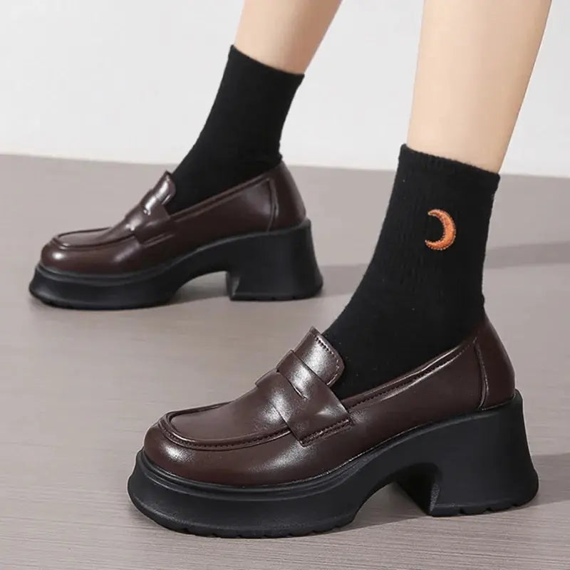 Sohiwoo Women's Pu Leather High Heels Loafers 2024 Spring Slip On Thick Platform Pumps Woman Black Japan Style School Uniform Shoes