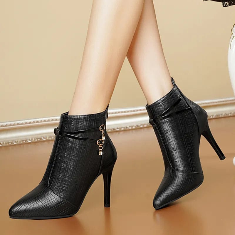 Stylish PU Leather Ankle Boots with Alluring Pointed Toe and Stiletto Heels for Women Stylish PU Leather Ankle Boots with Alluring Pointed Toe and Stiletto Heels for Women