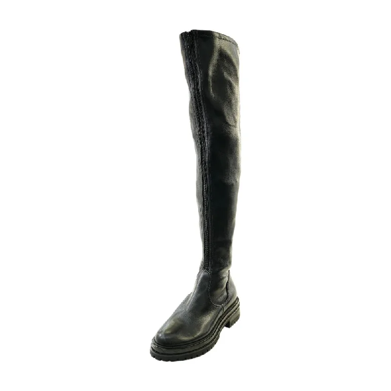 Black Front Zip Knee High Leather Boots