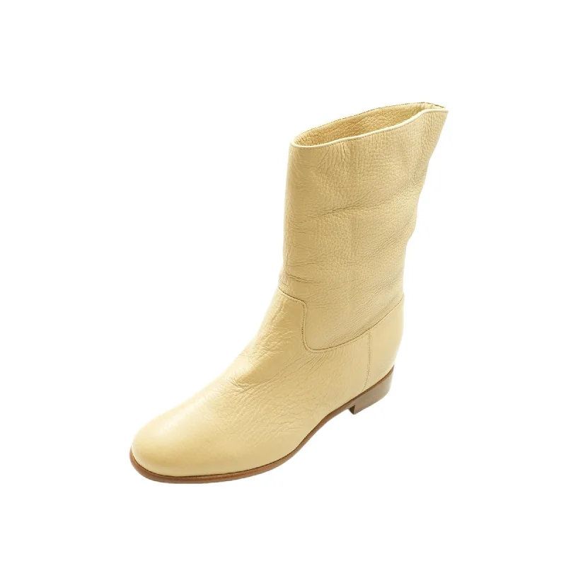 Tina Leather Flat Boots in Beige