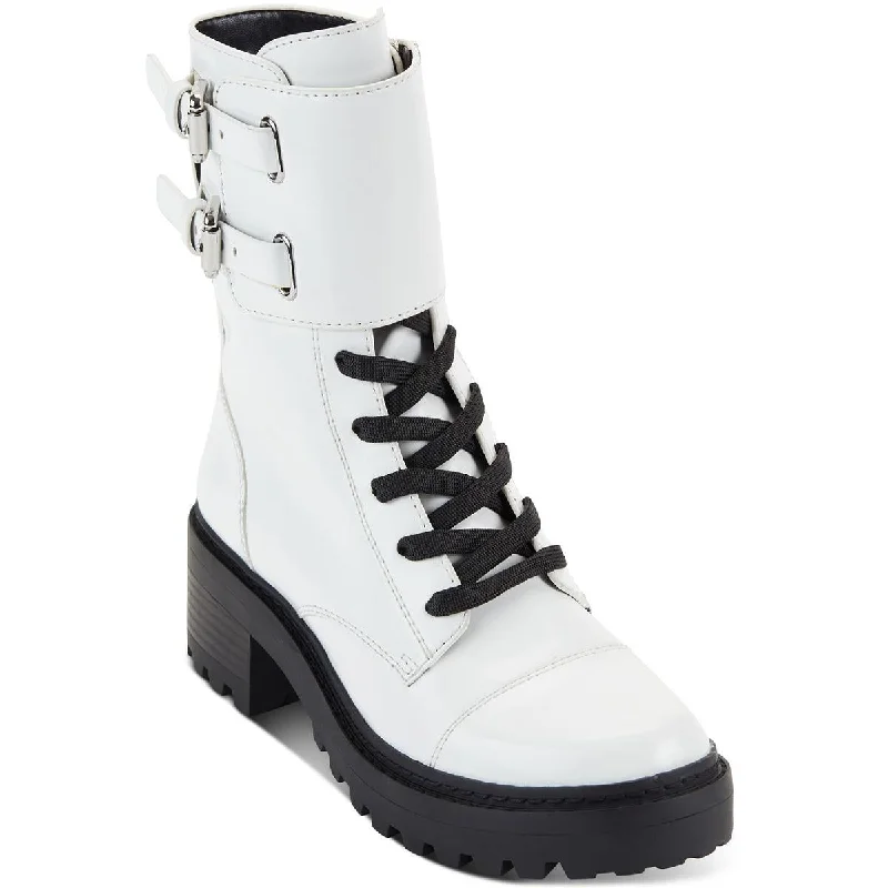 DKNY Womens Bart Patent Buckle Combat & Lace-up Boots